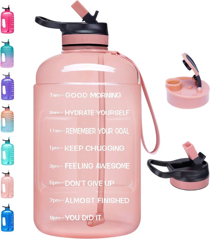 Photo 1 of ADOLPH Large Half Gallon Motivational Water Bottle with Straw and Chug Lids, Leakproof BPA Free 1/2 Gallon Water Jug with Time Marker to Ensure You Drink Enough Water Throughout The Day. MULTICOLORED

