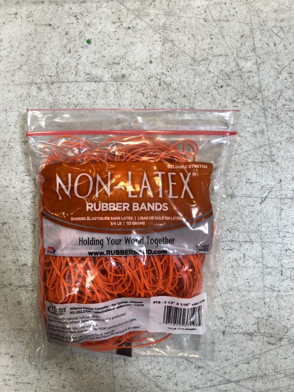 Photo 2 of Alliance Rubber 37198#19 Non-Latex Rubber Bands, 1/4 lb Poly Bag Contains Approx. 260 Bands (3 1/2" x 1/16", Orange) 3 1/2 x 1/16 Inches 1/4 Pound Bag