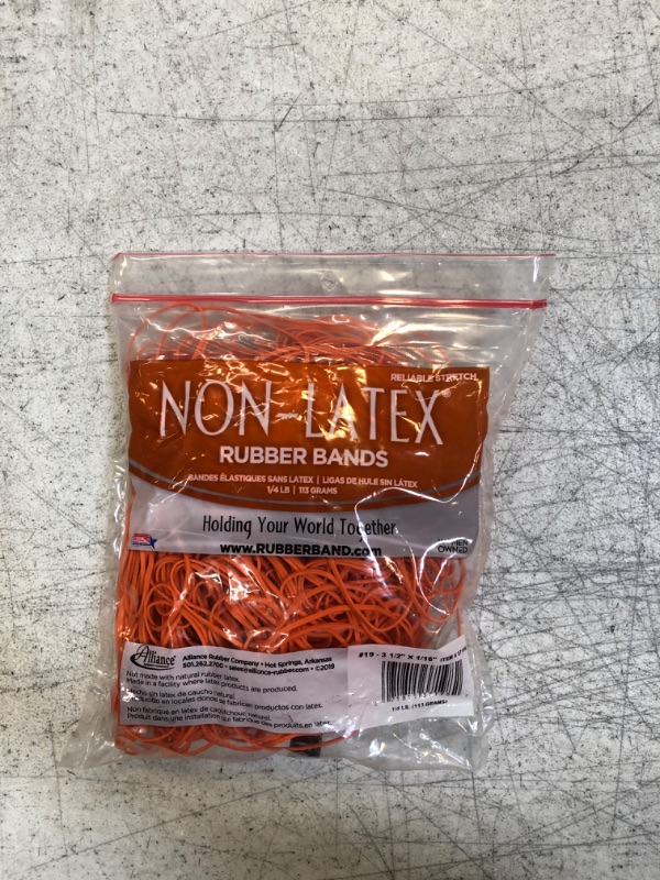 Photo 2 of Alliance Rubber 37198#19 Non-Latex Rubber Bands, 1/4 lb Poly Bag Contains Approx. 260 Bands (3 1/2" x 1/16", Orange) 3 1/2 x 1/16 Inches 1/4 Pound Bag