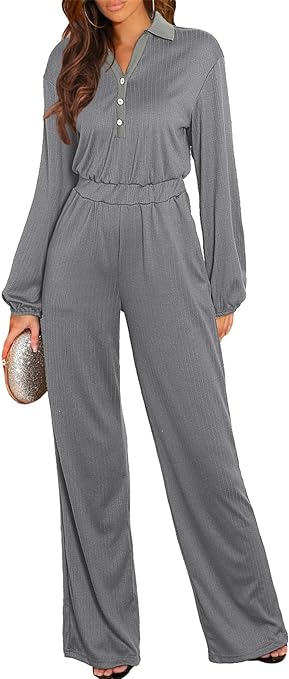Photo 1 of BLENCOT Women V Neck Long Sleeve Jumpsuits Button Ribbed Casual Loose Long Wide Leg Rompers With Pockets S
