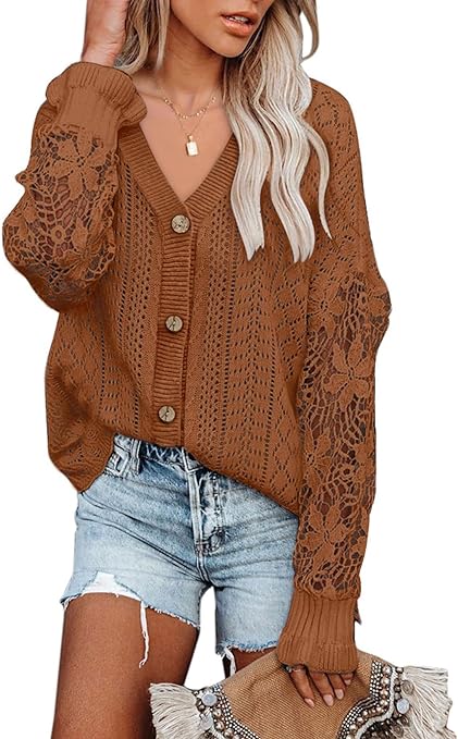 Photo 1 of AlvaQ Womens Lightweight Lace Crochet Cardigan Sweater Kimonos Casual Oversized Open Front Button Down Knit Outwear. Medium
