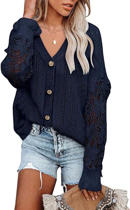 Photo 1 of AlvaQ Womens Lightweight Lace Crochet Cardigan Sweater Kimonos Casual Oversized Open Front Button Down Knit Outwear 2XL
