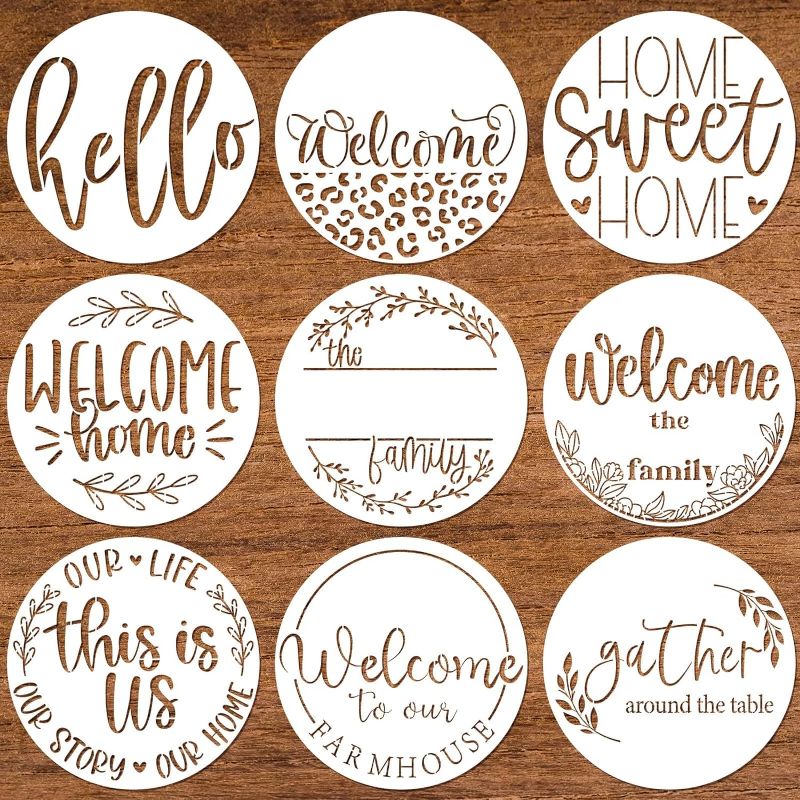 Photo 1 of 9 pcs Welcome Stencils for Painting On Wood 12" Round Large Reusable Welcome Letters Stencils for Wood Sign Art Templates Plastic Farmhouse Paint Stencils for Mat Wall Canvas Door
