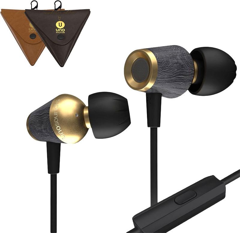 Photo 1 of UNOSOUNDS in Ear Headphones with Mic, Wired with Noise Reduction, Comfortable Design, Lightweight with Stylish Travel Case, Acustico (Gold and Wood)
