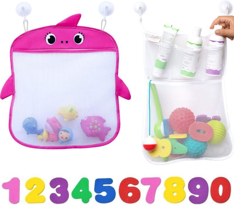 Photo 1 of JOJOOKIDS Bath Toy Storage Set of 2 + 10 Eco-Safe Foam Numbers | Bath Toy Organizer Mesh Net Shower Caddy for Baby Bath Toys for Toddlers | Quick Dry Bathroom Decor Bath Toy Holder
