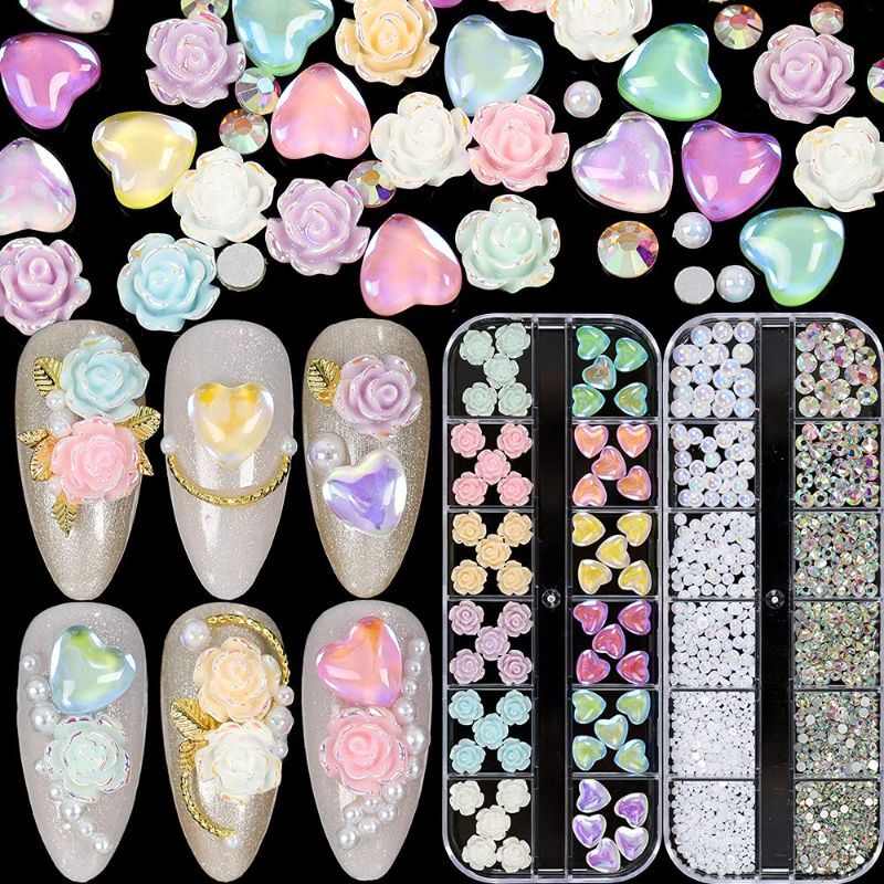 Photo 1 of 2 Boxes 3D Nail Art Decoration Kit With Nail Tweezers, Glass Nail Rhinestones Gem Pearl Nail Charms Rose Flower Heart Shape Kawaii Nails Accessories Nail Suplies Phone Case Decorations Kit Designer
