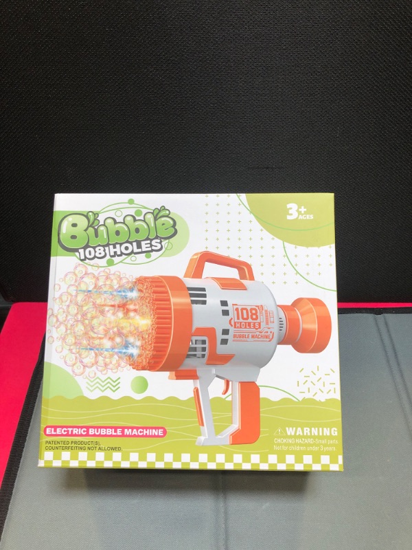 Photo 1 of Bubble Gun - 108 Holes Bubble Machine Gun, 2023 Upgraded, Bubble Blower with Colorful Lights, Summer Toys for Toddlers Kids Adults Summer Party Favors Outdoor Pool Toys (Orange)