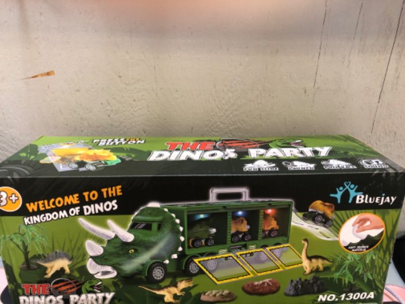 Photo 2 of BLUEJAY 21 Pack Dinosaur Toys for Kids 3-7, Dinosaur Truck with Oversized Dinosaur Map, Flashing Lights, Music and Roaring Sound, Kids Toys with 6 Pull Back Dinosaur Cars, 6 Dinosaur Toys (Brown) Brown2