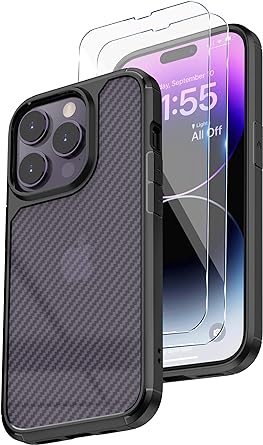 Photo 1 of LONLI JIC Bundle - (for iPhone 14 Pro Max) - 1 Shockproof and Anti-Scratch Carbon Fiber Case for Men + 2 Screen Protectors + 1 Screen Cleaning Cloth - (Black)  2 boxes 