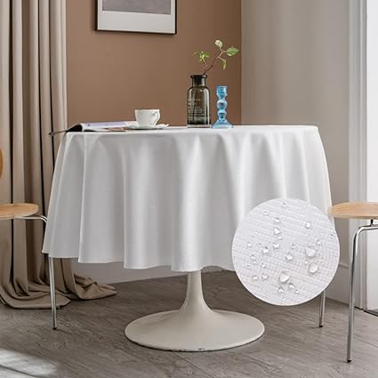 Photo 1 of  Round Tablecloth 60 Inch for Dining Table -White Moroccan Polyester Waterproof Wrinkle Free Washable Table Covers-Summer Kitchen & Table Linens for Outdoor & Picnic