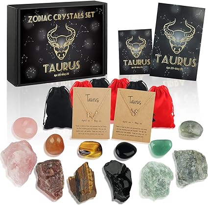 Photo 1 of 14PCS Taurus Zodiac Crystals Set, Star Sign Birthstones Gift Box Astrology Birthday Gifts , Healing Stones for Witch, 6 Raw and 6 Tumbled Horoscope Stones, 1 Constellation Necklace and 1 Bracelet