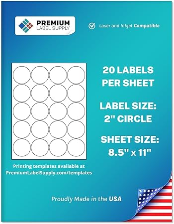 Photo 1 of Premium Label Supply White Sticker Round Labels – 2" Circle – Laser/Inkjet Compatible – (20 Labels/Sheet), 100 Sheets – 2,000 Total Adhesive Labels