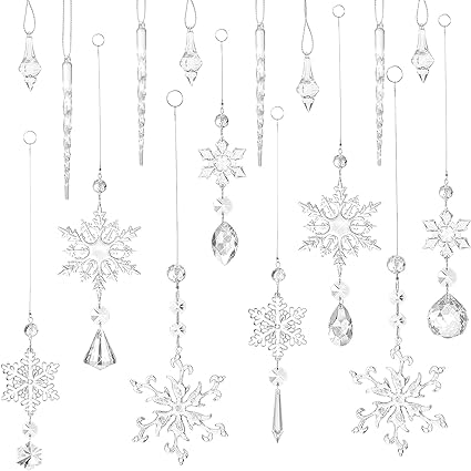 Photo 1 of 16 Pcs Christmas Crystal Snowflake Decorations Hanging Christmas Snowflake Decorations Snowflake Ornament Sets Acrylic Icicle Decorations Crystal Snowflake for Christmas Tree (Cute Style)