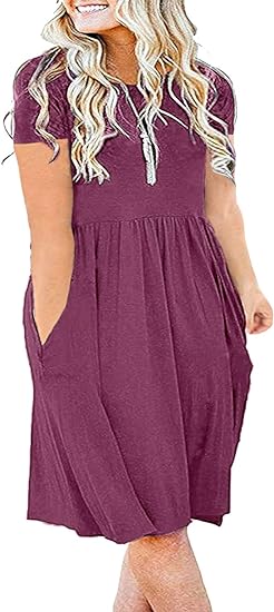 Photo 1 of   SIZE 26W KARALIN Women's Summer Plus Size Short Sleeve Pockets Empire Waist Pleated Loose Swing Casual Flare Dress