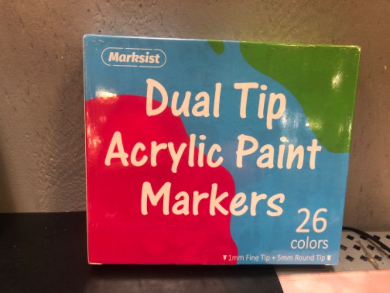 Photo 1 of MARKSIST 26 Colors Acrylic Paint Markers, Dual Tips Acrylic Paint Pens - 1mm Extra Fine Tip & 5mm Medium Tip, Non-toxic Acrylic Marker Pens for Rock, Wood, Paper, Canvas, Arts and Crafts