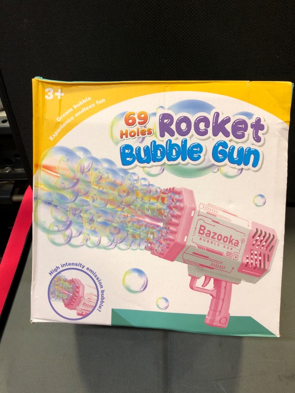 Photo 2 of Bubble Machine Guns, Bubble Guns with Light, Bubble Solution, 69 Holes Bubbles Machine for Kids Adults, Summer Toy Gift for Outdoor Indoor Birthday Wedding Party - Pink Bubble Makers