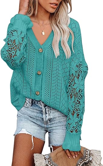 Photo 1 of 2XL AlvaQ Womens Lightweight Lace Crochet Cardigan Sweater Kimonos Casual Oversized Open Front Button Down Knit Outwear