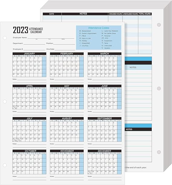 Photo 1 of 100 Sheets 2023 Attendance Calendar Teacher Attendance Book for Employees Attendance Calendar 2023 Work Calendar Cards for 3 Hole Binder Employee Attendance Record Time off and Tardiness (Blue)