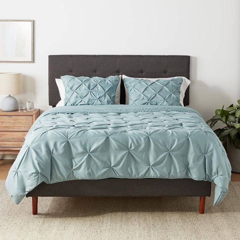 Photo 1 of Amazon Basics Pinch Pleat Down-Alternative Comforter Bedding Set - Full / Queen, Spa Blue & Microfiber Sheet Set, Full, Bright White