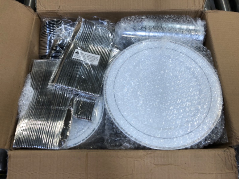 Photo 2 of 600 Piece Silver Dinnerware Set 100 Guests, Disposable Silver Rim Plates, 100 Dinner Plastic Plates, 100 Salad Silver Plates, 100 Silver Plastic Silverware, 100 Plastic Cups Wedding Birthday Parties