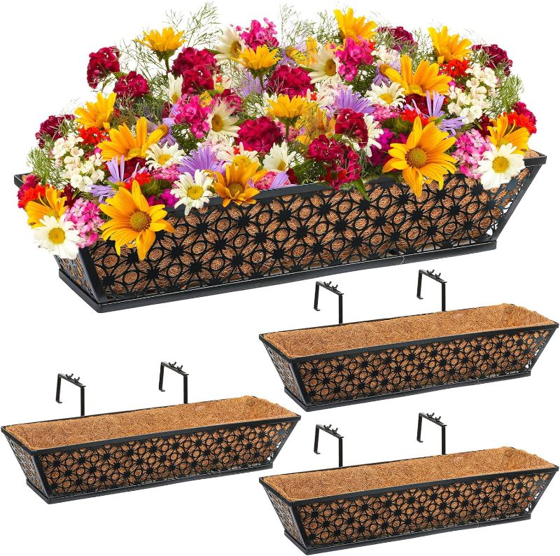 Photo 1 of 4 Pack 24 Inch Railing Planter Window Boxes Planters with Coconut Liner Window Deck Planters Boxes Metal Black Hanging Flower Planter Window Basket for Indoor Outdoor Lawn
