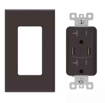 Photo 1 of 4 Amp USB Dual Type A In-Wall Charger with 20 Amp Duplex Tamper Resistant Outlet, Wall Plate Included, Brown (2-Pack)
