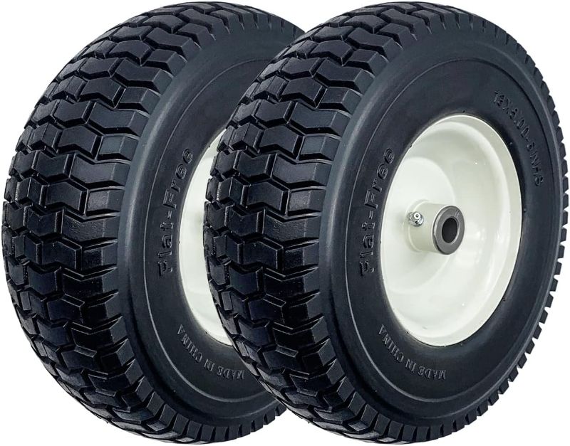 Photo 1 of 2-Pack 13x5.00-6 Flat-Free Tire with Rim,3"Centered Hub with 3/4" Bushings,w/Grease Fitting?400lbs Capacity,13x5-6 No-Flat Solid Rubber Turf Wheel,for Riding Lawn mower,Garden Cart,Wheelbarrow
