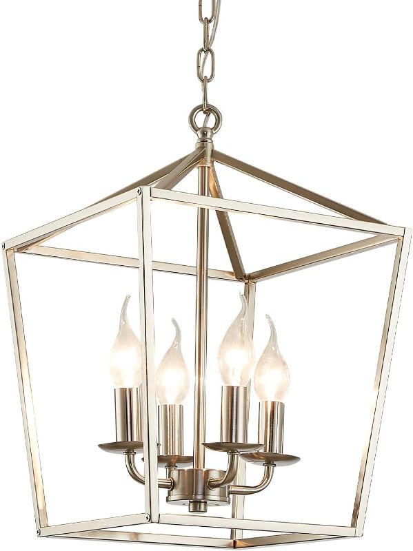 Photo 1 of 4-Light Brushed Gold Farmhouse Chandelier, Industrial Ceiling Light Lantern Chandelier with Metal Cage Adjustable Height Rustic Hanging Light E12 Base for Kitchen Island, Dining Room or Entryway
