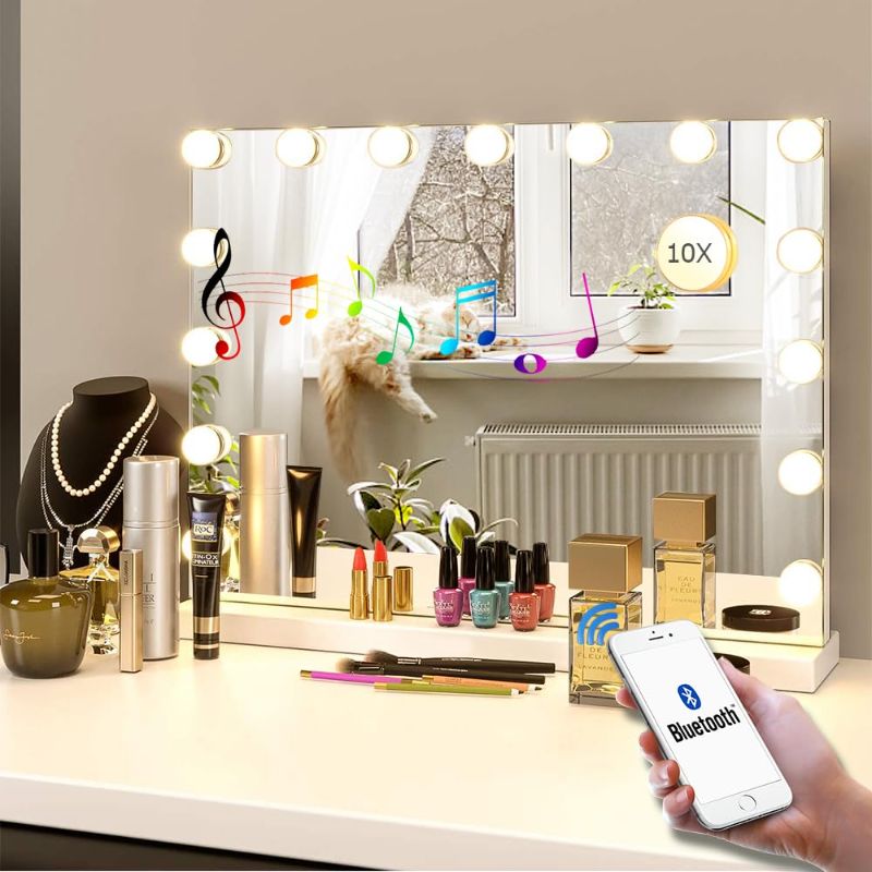 Photo 2 of BENDIC 22.8"x 18.1" Vanity Mirror Makeup Mirror with Lights,10X Magnification,Large Hollywood Bluetooth Lighted Vanity Mirror with 15 LED Bulbs & Speaker,3 Color Modes,Touch Control for Wall-Mounted
