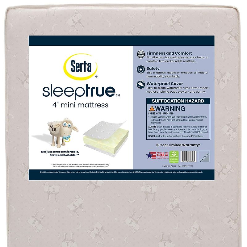Photo 1 of Delta Children Serta SleepTrue Mini Crib Mattress, Premium Sustainably Sourced Fiber Core, Hypoallergenic & Waterproof Cover, Greenguard Gold Certified - Made in USA, White
