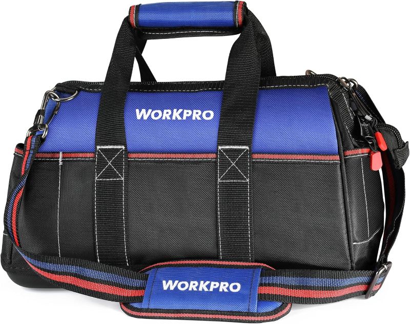 Photo 1 of WORKPRO 16-inch Wide Mouth Tool Bag, Heavy Duty Cloth Tool Storage Bag with Water Proof Molded Base, Adjustable Shoulder Strap
