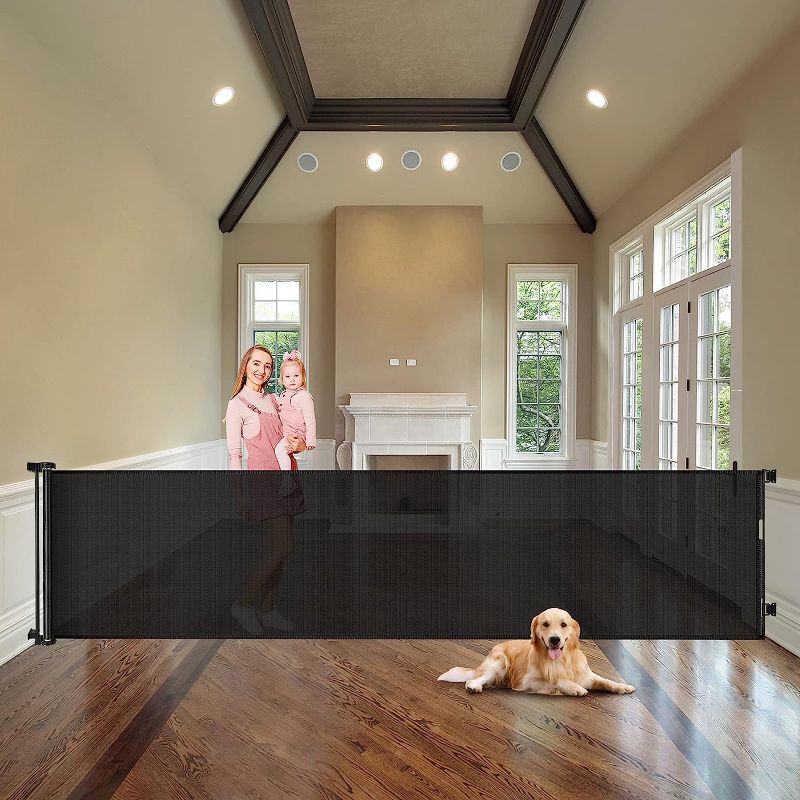 Photo 1 of WOMHOM 100 Inch Extra Wide Baby Gate for Large Opening Retractable Baby Gates for Dogs Indoor Safety Gate Dog Gates for The House Extra Long Baby Gate for Stairs Outdoor Mesh Large Pet Gate (Black)
