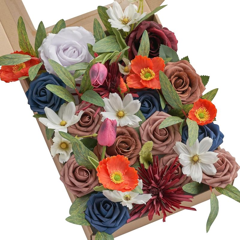 Photo 1 of Artificial Flowers, Royal Blue and Terracotta Rose Flowers Wedding Decorations, Silk Fake Flower Combo Set for DIY Wedding Bouquets Centerpieces Floral Arrangements