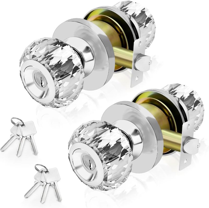 Photo 1 of  Crystal Door Knobs with Lock and Keys, 2 Pack Keyed-Alike Glass Door Knob, Classic Interior Entry Door Knob Lockset with Same Key, Bedroom/Bathroom Privacy Keyed Door Knob, Satin Nickel