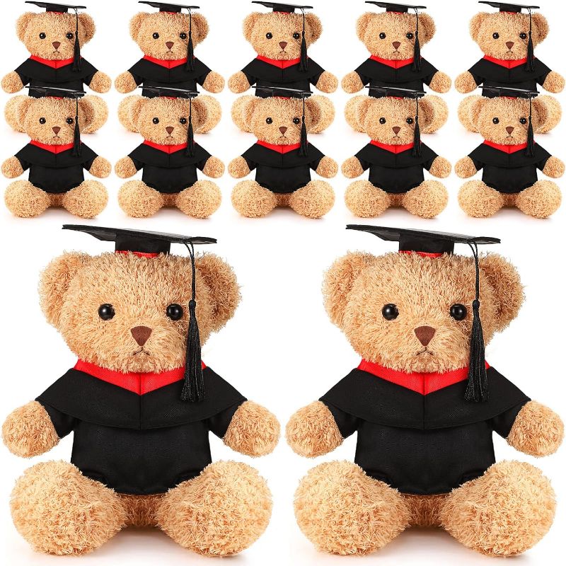 Photo 1 of Junkin 12 Pcs Graduation Bear Plush 12 Inch Stuffed Animal Toys Bear Class of 2023 Graduation Gift Brown Fluffy Bear in Black Cap for Boys Girls Graduation Day Gift Party Favor Decor