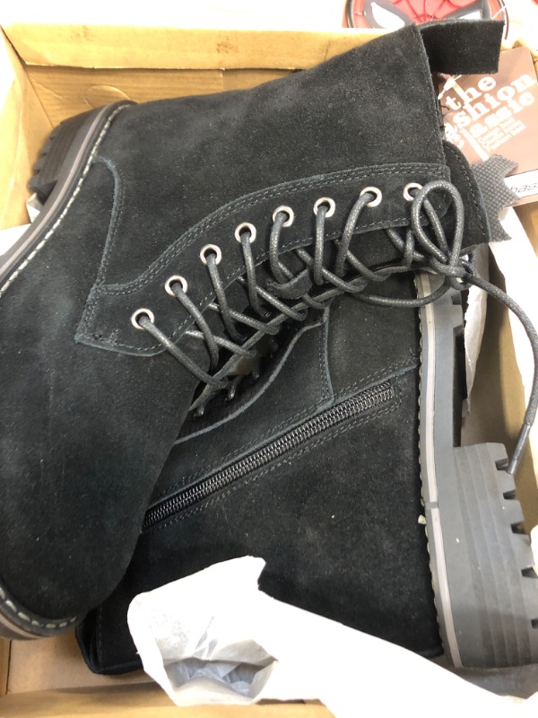 Photo 2 of Women Suede Leather Combat Boots Lace Up Ankle Boots Side Zipper Booties