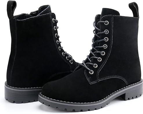 Photo 1 of Women Suede Leather Combat Boots Lace Up Ankle Boots Side Zipper Booties