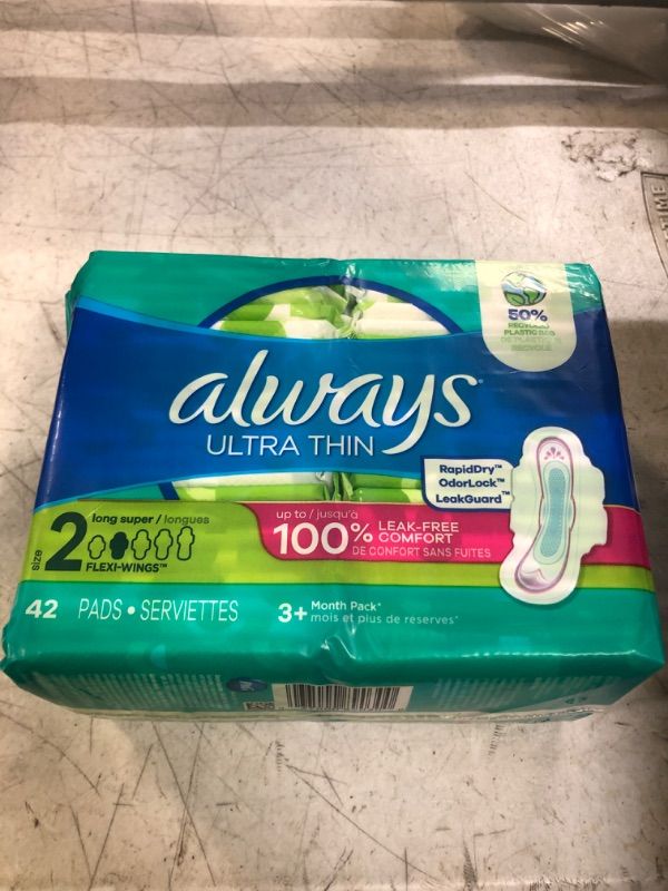 Photo 2 of Always Ultra Thin, Feminine Pads For Women, Size 2 Long Super Absorbency, With Wings, Unscented, 42 Count 42 Count (Pack of 1)