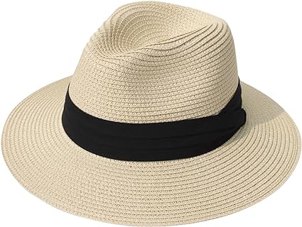 Photo 1 of Lanzom Women Wide Brim Straw Panama Roll up Hat Fedora Beach Sun Hat UPF50+