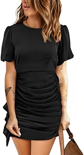 Photo 1 of BLENCOT Women's Sexy Puff Short Sleeve Ruched Bodycon Side Ruffle Club Mini Dress ( black, size large ) 