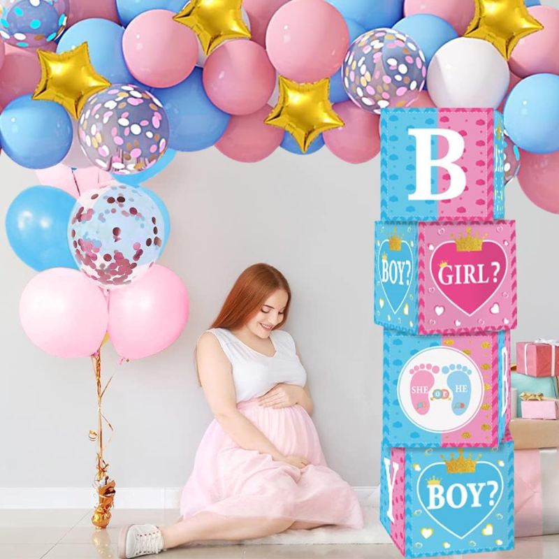 Photo 1 of Gender Reveal Decorations 4pcs Baby Box for Baby Shower Gender Reveal Girl Boy Blocks Birthday Party supplies