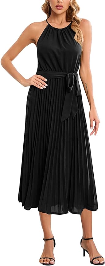 Photo 1 of Flygo Women 2023 Summer Casual Halter Neck A-Line Dress Sleeveless Belted Swing Pleated Cocktail Party Beach Long Dresses SIZE SMALL 