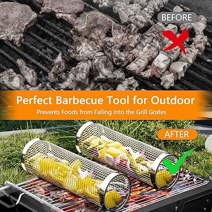 Photo 1 of 2PCS Grill Basket, Large 11.8in BBQ Rolling Grilling Basket, Stainless Steel Grill Mesh Barbecue Grill Accessories, Outdoor Grill for Vegetables, Fries, Fish