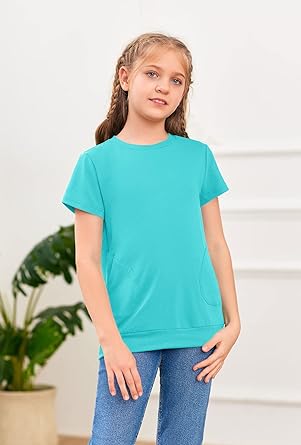 Photo 1 of Haloumoning Girls Casual Short Sleeve T Shirts Color Block Tee Blouse Kids Loose Tunic Tops with Pockets Size 4-15
