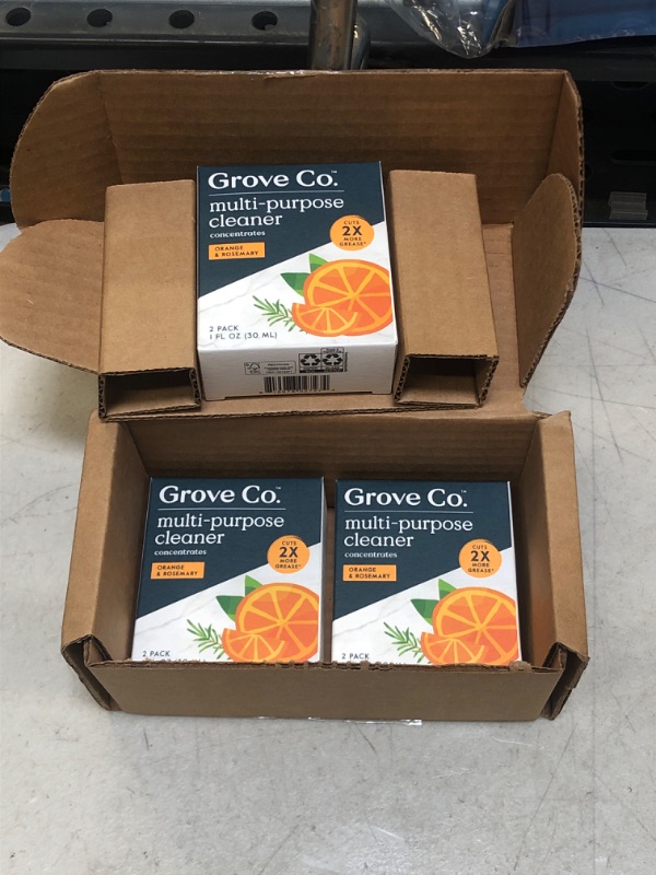 Photo 1 of Grove Co. Multi-Purpose Cleaner, Refill Concentrate (6 x 1 Fl Oz) Plant-based Household Cleaning Supplies, Ammonia & Chlorine Free, No Plastic Waste, Orange & Rosemary Scent, Total 3 x 2 Pack Refills Orange & Rosemary 0.17 Fl Oz (Pack of 6)
