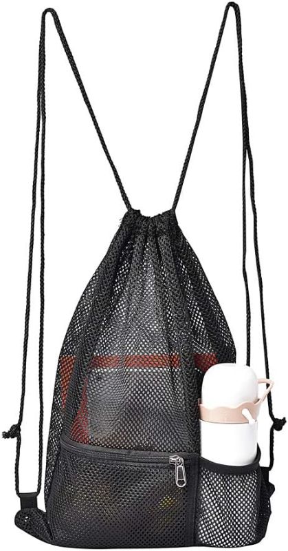 Photo 1 of ( PACK OF 3 ) MAY TREE Heavy Duty Mesh Drawstring Bag, Sport Equipment Storage Bag for Beach, Swimming (Black)
