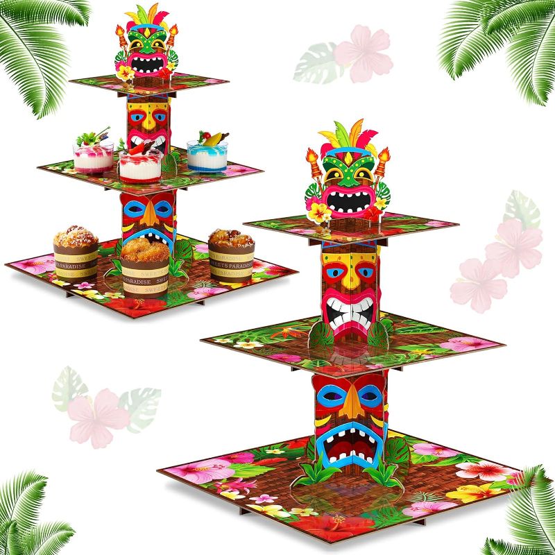 Photo 1 of 3 Tier Hawaiian Cupcake Stand Tiki Torch Cupcake Holder Luau Theme Cake Holder Decorations Tropical Cupcake Dessert Holder for Summer Pool Beach Birthday Party Supplies (2 Packs)
