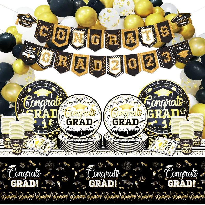 Photo 1 of Black and Gold Graduation Party Decorations 2023 Congrats Grad Banner Class of 2023 Graduation Decorations Congrats Grad Decorations Black and Gold Tablecloth Graduation Decorations Graduation Plates and Napkins 2023 Graduation Party Supplies
