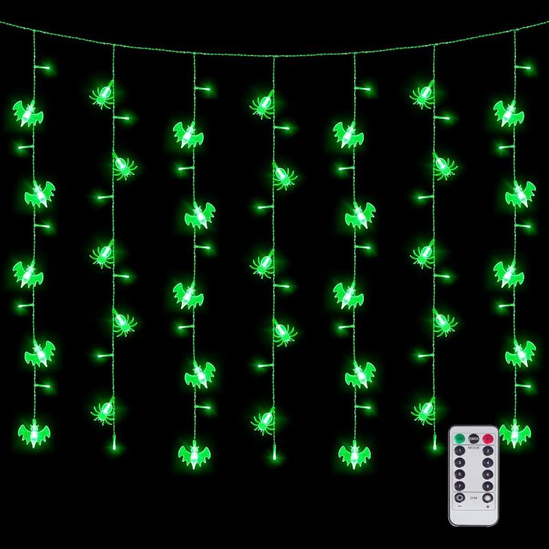 Photo 1 of  2 COUNT Newhale 8 Modes Halloween Curtain String Lights with Spiders and Bats, USB Plug in Wall Lights Halloween Decorations for Indoor or Outdoor, Helloween Window Lights Decor with Remote Control
