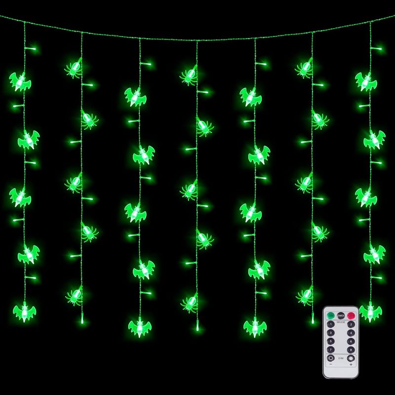 Photo 1 of 2 count Newhale 8 Modes Halloween Curtain String Lights with Spiders and Bats, USB Plug in Wall Lights Halloween Decorations for Indoor or Outdoor, Helloween Window Lights Decor with Remote Control
